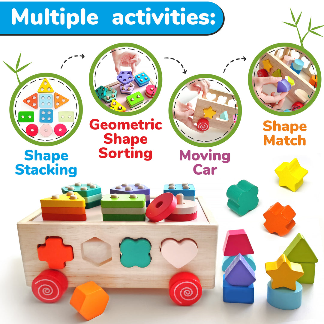 TOLOLO Montessori Wooden Sorting & Stacking Toy – STEM Learning For Toddlers 1-3 Years With 16 Shapes